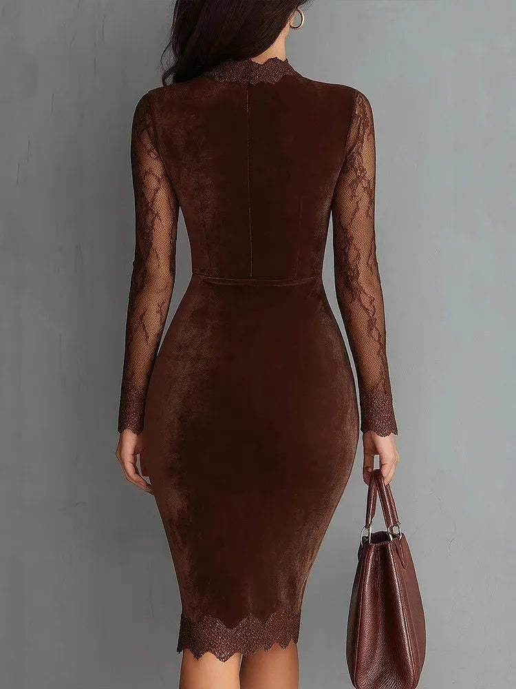 New Sexy Lace See-through Long-sleeved Dress Spring Summer Elegant V-neck Lace Patchwork Waist-covering Hip Dress Robe Femme