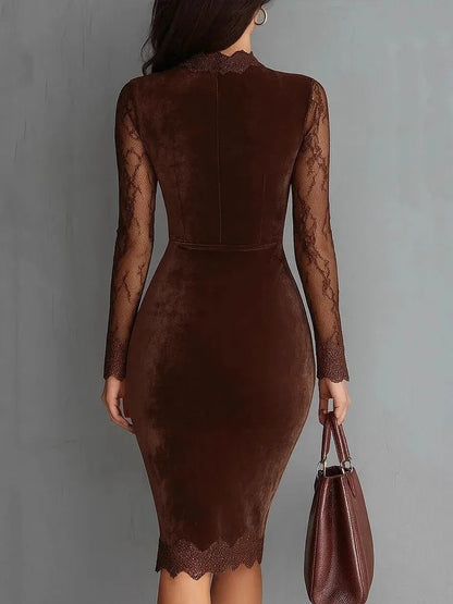 New Sexy Lace See-through Long-sleeved Dress Spring Summer Elegant V-neck Lace Patchwork Waist-covering Hip Dress Robe Femme