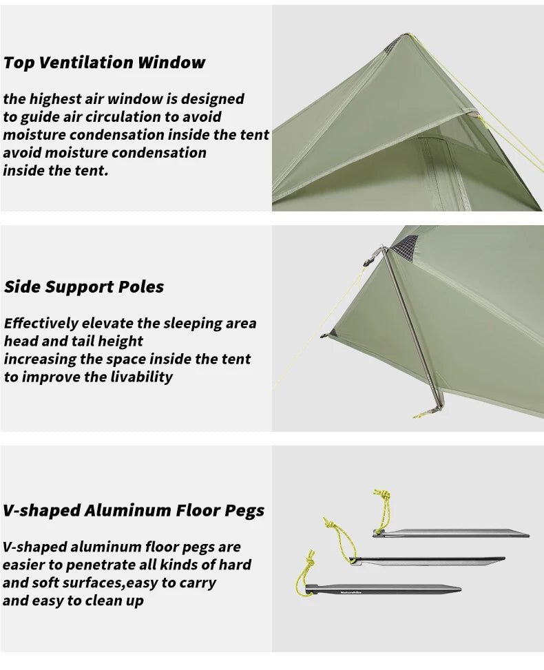 Naturehike Ultra Light Hiking Tent 2 Person Outdoor Camping Pyramid Tent 15D Nylon Waterproof Portable Backpacking Tent with Mat
