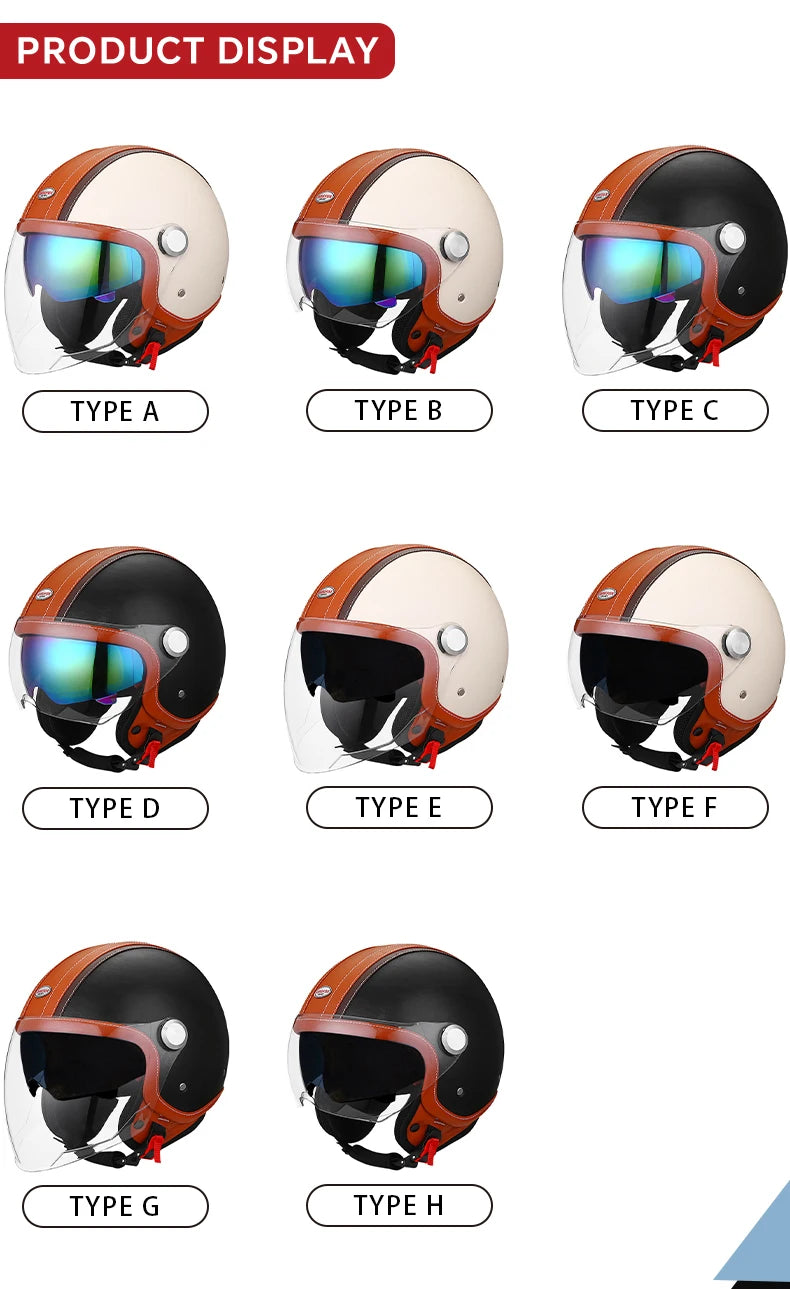 DOT Open Face Motorcycle Helmets Double Visor Retro Jet Helmet Leather Vintage Men Women 3/4 Open Half Helmet with Inner Lens