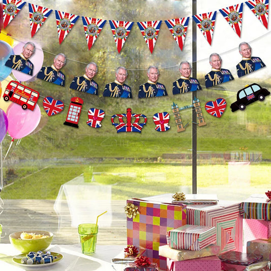 10ft King Charles III Coronation Union Jack Crowns Bunting Banner Set Vibrant Colors British banners for Party Hanging Decoratio