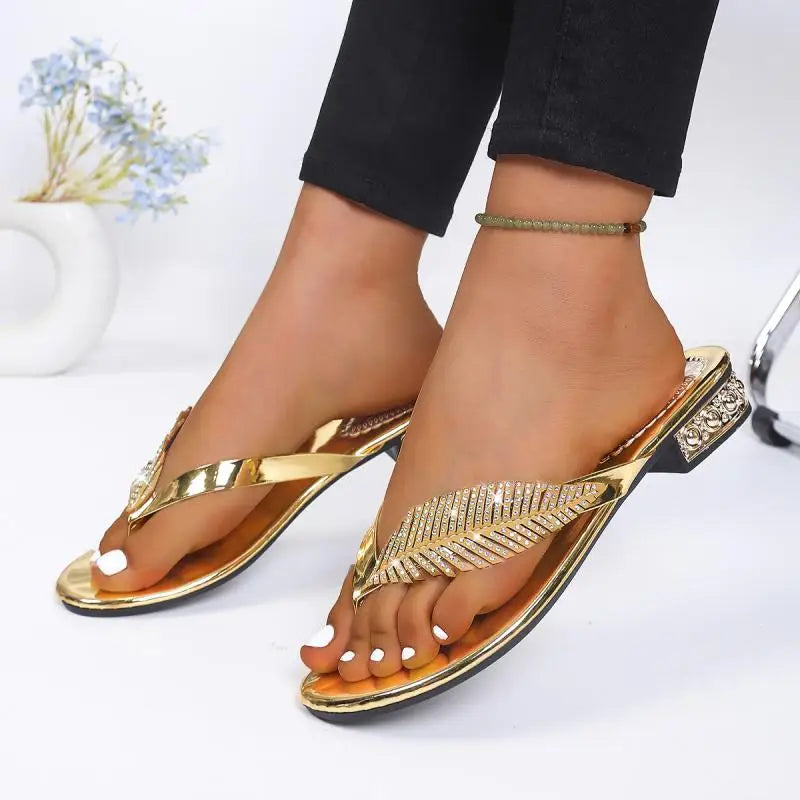 Luxury Rhinestone Leaf Flip Flops Woman Summer 2026 Gold Silver Crystal Low Heel Sandals Women Soft Bottom Lightweight Shoes 43