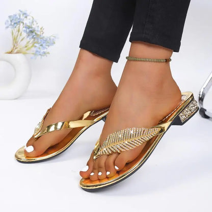 Luxury Rhinestone Leaf Flip Flops Woman Summer 2026 Gold Silver Crystal Low Heel Sandals Women Soft Bottom Lightweight Shoes 43