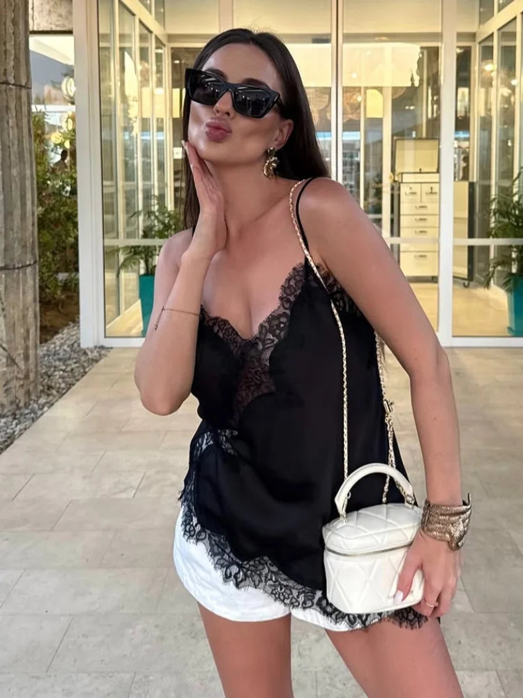 Sexy Floral Lace Satin Patchwork Camisole Vest For Women Summer Y2K Sleeveless Backless Tank Holiday Evening Party Lady Chic Top