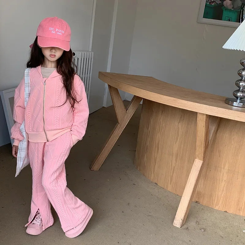 Flared Pants Childrens Set Girls Autumn New Korean Short Knitting Long Sleeved Tops Forking Two Piece Tide Hooded