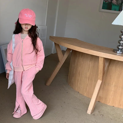 Flared Pants Childrens Set Girls Autumn New Korean Short Knitting Long Sleeved Tops Forking Two Piece Tide Hooded