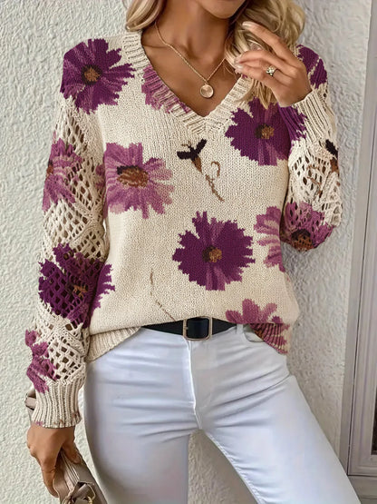 V-neck Fashionable Floral Print Cutout Sleeves Bohemian Pullover Sweater Ropa De Invierno Para Mujer Abbigliamento Donna Autunno