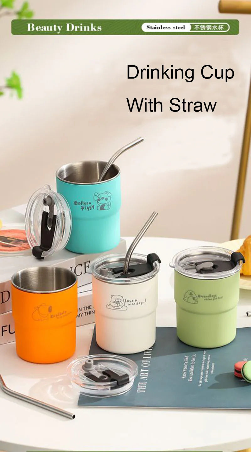 300ml Drinking Cup With Straw Portable Stainless Steel Coffee Cups Mug With Lid Heat Resistant Tea Cup Tumbler Travel Mug