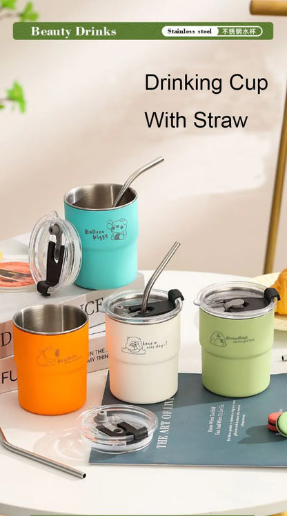300ml Drinking Cup With Straw Portable Stainless Steel Coffee Cups Mug With Lid Heat Resistant Tea Cup Tumbler Travel Mug