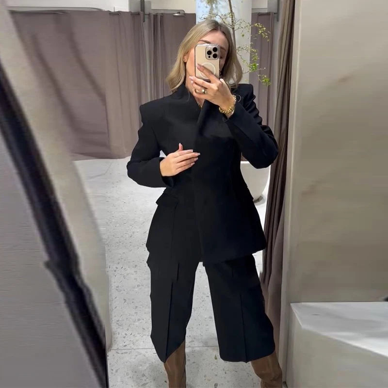 Elegant Solid Women's Blazer Trouser Suits Lapel Single-Breasted Wide Leg Pants Lady Set 2026 Spring 2 Pieces Set Women