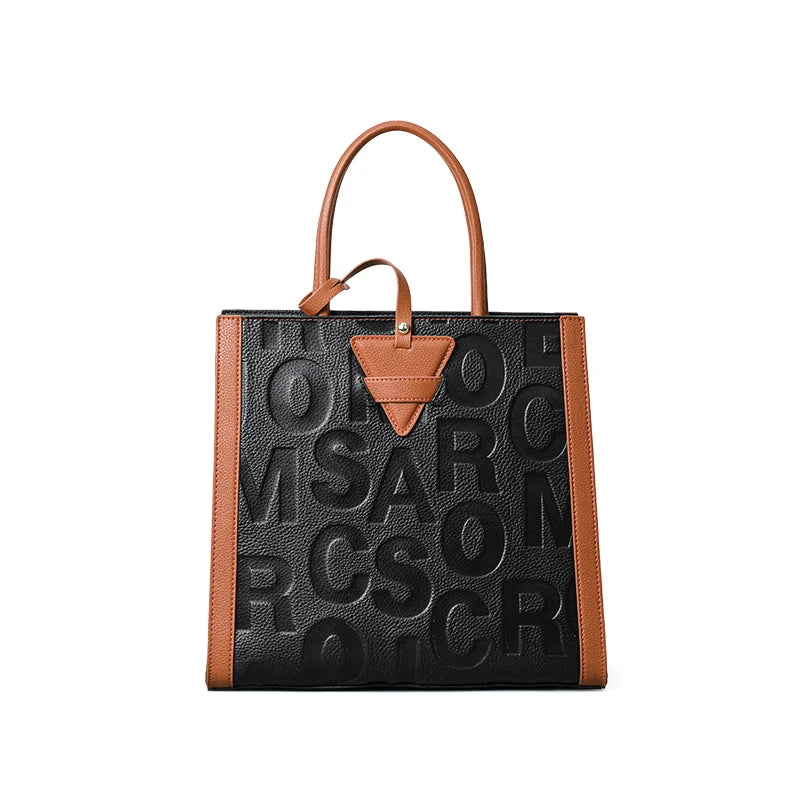 Genuine leather letter printed women's handbag new large capacity contrasting leather crossbody bag