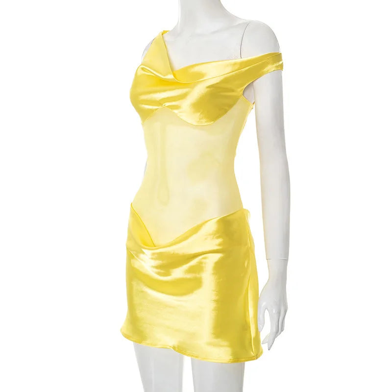 Oniflyme Mesh Patchwork Satin Mini Dress Women Inclined Shoulder Backless Ruched Slim Party Outfits Sleeveless Bodycon Dresses