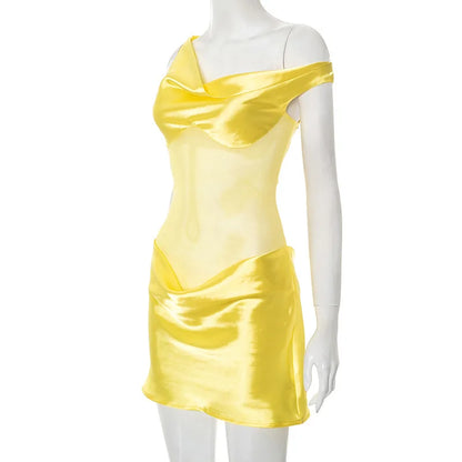 Oniflyme Mesh Patchwork Satin Mini Dress Women Inclined Shoulder Backless Ruched Slim Party Outfits Sleeveless Bodycon Dresses