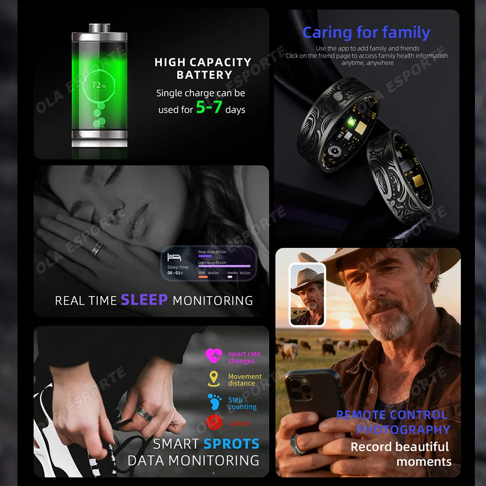 2025 New Smart Ring Men's and Women's Heart Rate Oximetry Sleep Monitor IP68, Multi-Sport Modes Finger Rings for Android and i0s