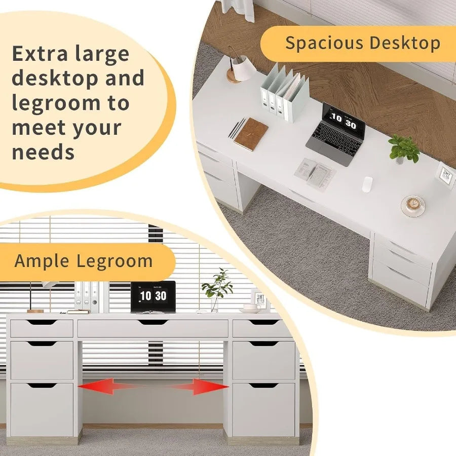 White 54 Inch Executive Desk with 7 Drawers and Cabinet for Bedroom Home Office Small Spaces Modern Writing and Study Desk