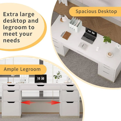 White 54 Inch Executive Desk with 7 Drawers and Cabinet for Bedroom Home Office Small Spaces Modern Writing and Study Desk