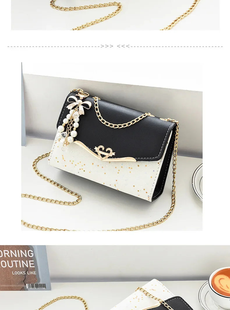 Pouch Ladies PU Leather Handbag with Tassel Pendant Fashion Messenger Bag Women Trendy Sequin Single Shoulder Bags