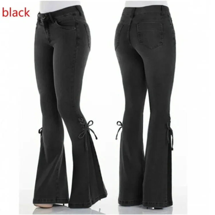 Flare Pants for Women Vintage Jeans Lace Up Stretch Mid Waist Skinny Distressed Washed 2025 Streetwear Female Denims Trousers