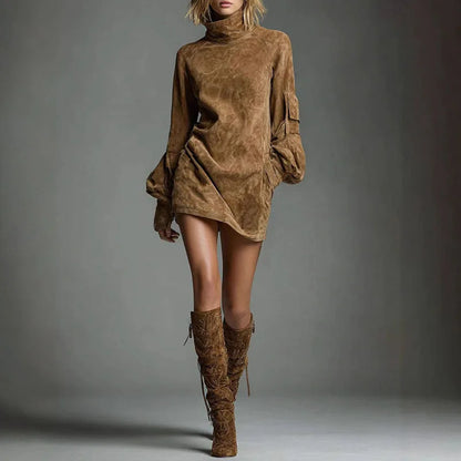 Autumn Retro Solid Suede Mini Short Dresses Sexy Turtleneck Slim Woman Pullover Dress Winter Long Sleeve Pockets Female Clothing