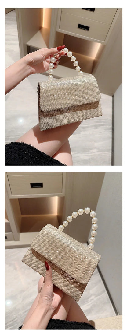 Pearl Chain Shoulder Bags Luxury Purse Gold Bright Silk Evening Bag Women Elegant Fashion Banquet Clutch Female Handbag bolsa