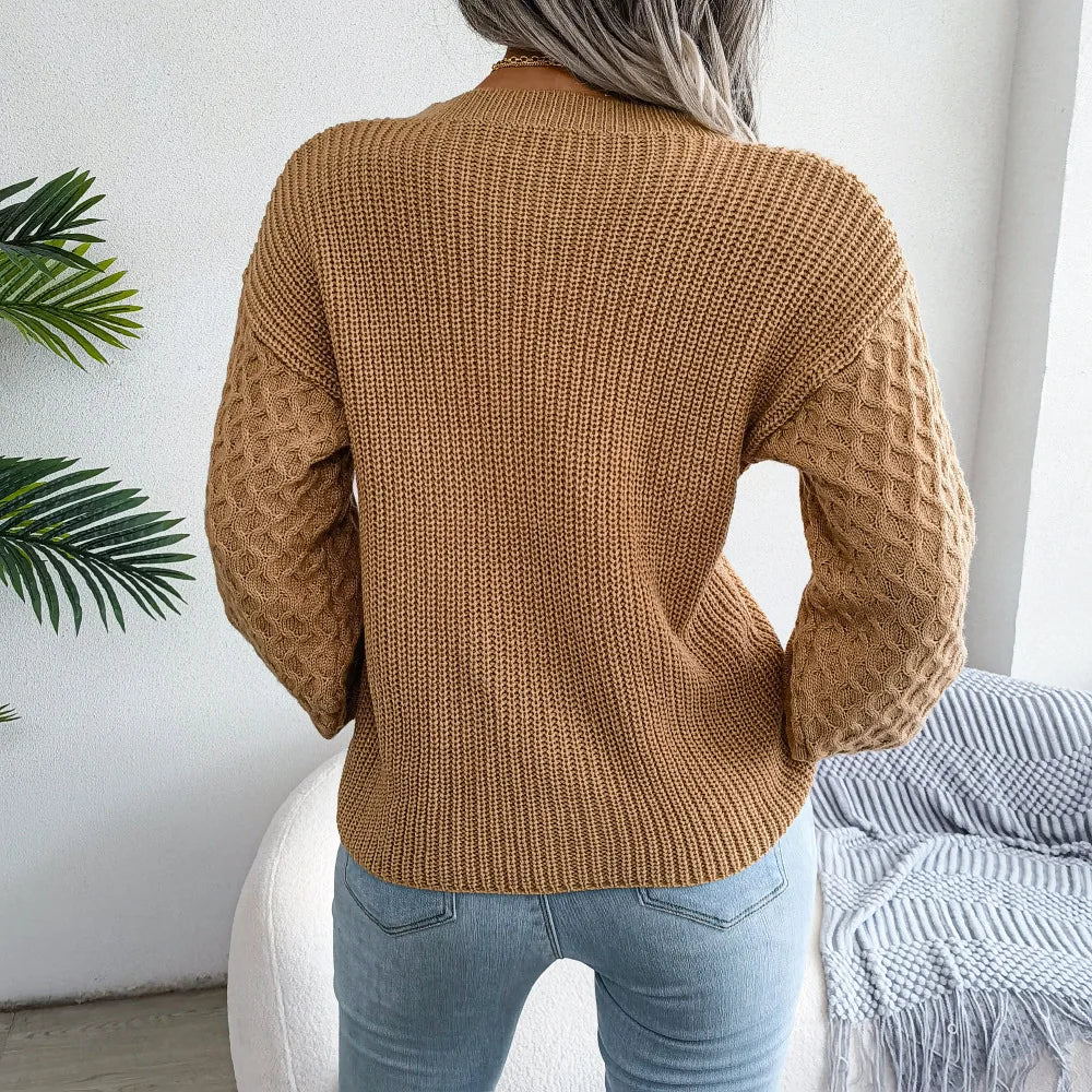 2024 Autumn Winter Casual Lantern Long Sleeved Knitted Sweater Fashion Army Green Round Neck Sweater Elegant Knitted Pullover