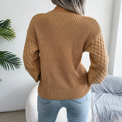 2024 Autumn Winter Casual Lantern Long Sleeved Knitted Sweater Fashion Army Green Round Neck Sweater Elegant Knitted Pullover