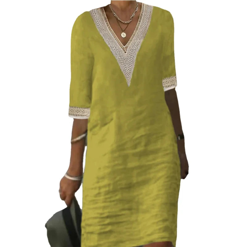 New solid color V-neck mid-sleeved elegant dress