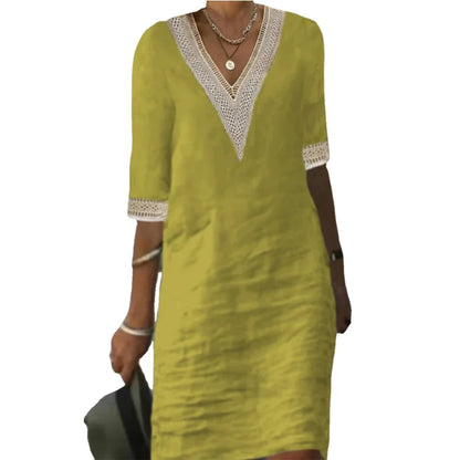 New solid color V-neck mid-sleeved elegant dress