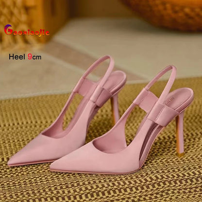 2025 New Fairy Pink Womens High Heel Sandals Pointed Toe Shallow Mouth Soft Leather Heels Ladies Fashion Banquet Versatile Shoes