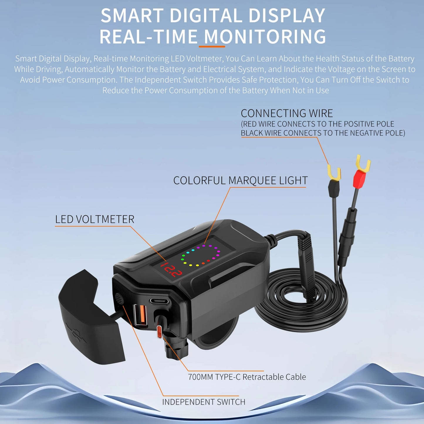 Motorcycle USB Charger 12V Power Supply Adapter with Voltmeter Handlebar USB Socket Charger Waterproof Motorcycle Accessories