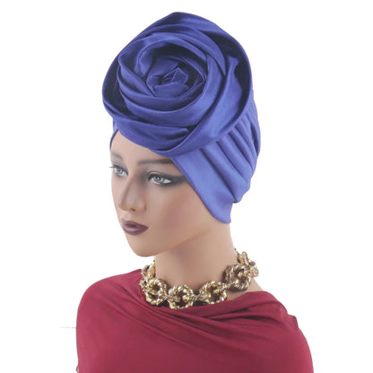 Raw Silk Big Rose Flower African Turban Caps for Women Headwear Head Wraps Nigerian Wedding Geles Party Headgear Bonnet