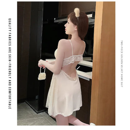 Velour Lace Nightgown Loungewear Women Chemise Sleepwear Home Dress Sexy Nightdress Lingerie Dressing Gown Suspender Sleepdress