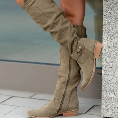 long women's boots Low Heel Side Zip Size 43 Suede Thigh High Women's Boots Retro Woman Booties Autumn Winter Knee High Boots