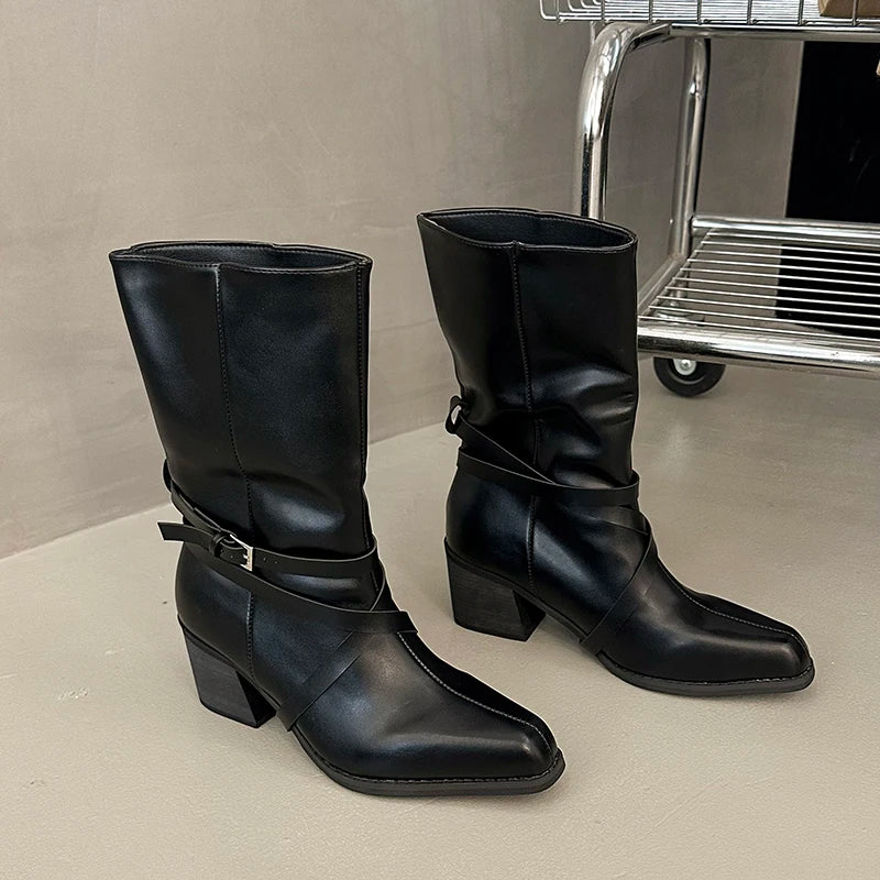 New Women Square Toe Cross Strap Buckle Knee High Boots Leather Chunky Heel Vintage Tall Boots Ladies Daily Commute Botas Mujer