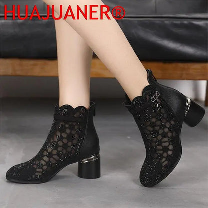 2026 Spring Summer Fashion Rhinestones Gauze Sandals Thick Heels Mesh Autumn Ankle Boots Female Hollow Women's Shoes