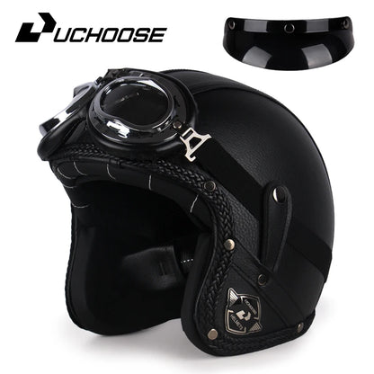 UCHOOSE Retro Motorcycle Helmet PU Leather Open Face 3/4 Chopper Bicycle Helmets Classic Casco Moto Vintage