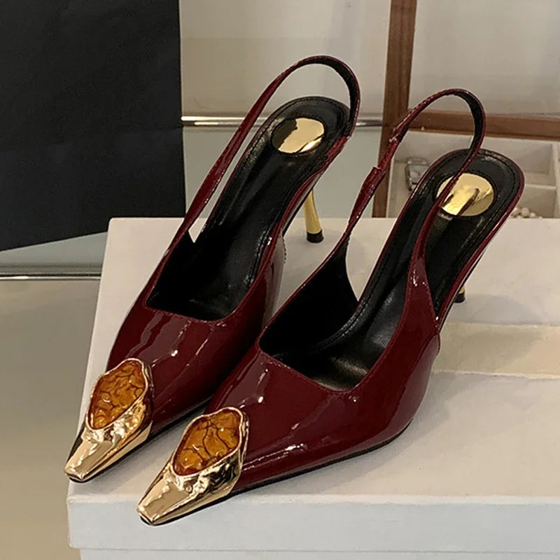 Fashion Design Inlay Gems Pointed Toe Patent Leather Sexy Slingback Sandals Women Pumps High Heels Wedding Banquet Shoes