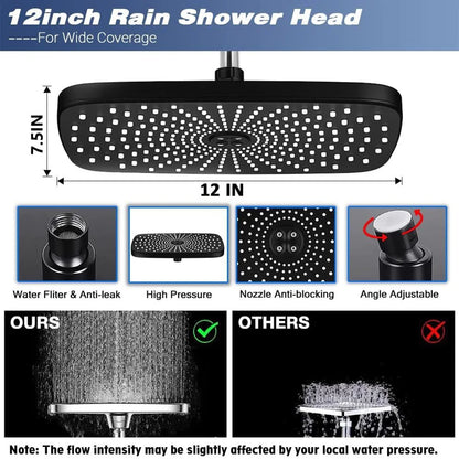 12 Inch Rain/Rainfall Shower Heads 3+1 Settings Top Spray Wall-Mount Shower Set with Extension Arm Handheld Top Spray Showerhead