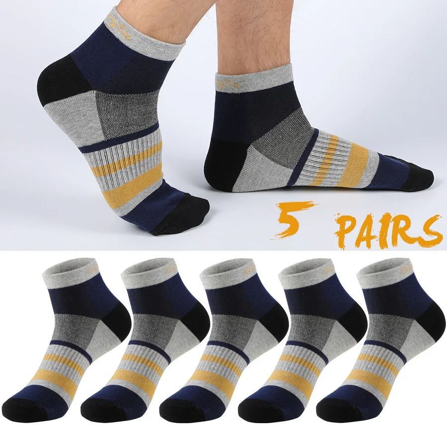 5 Pairs/Lot Running Socks Men Ankle Colorful Stripes Combed Cotton Outdoor Gym Compression Short Male Socks 5 Colors New 2025