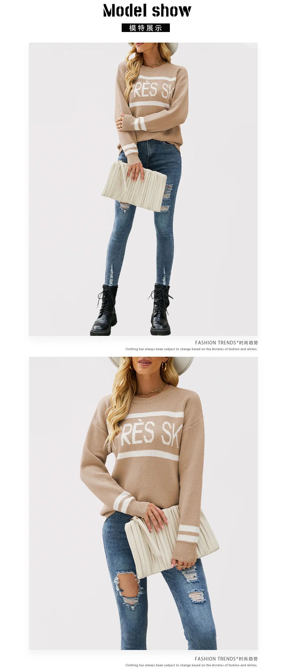 Women's Autumn and Winter New Crew-neck Monogram Jacquard Patchwork Pullover Sweater, Fashion Casual Spell Color Knit Sweater