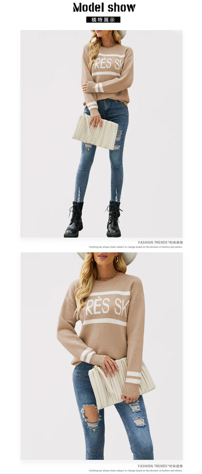 Women's Autumn and Winter New Crew-neck Monogram Jacquard Patchwork Pullover Sweater, Fashion Casual Spell Color Knit Sweater