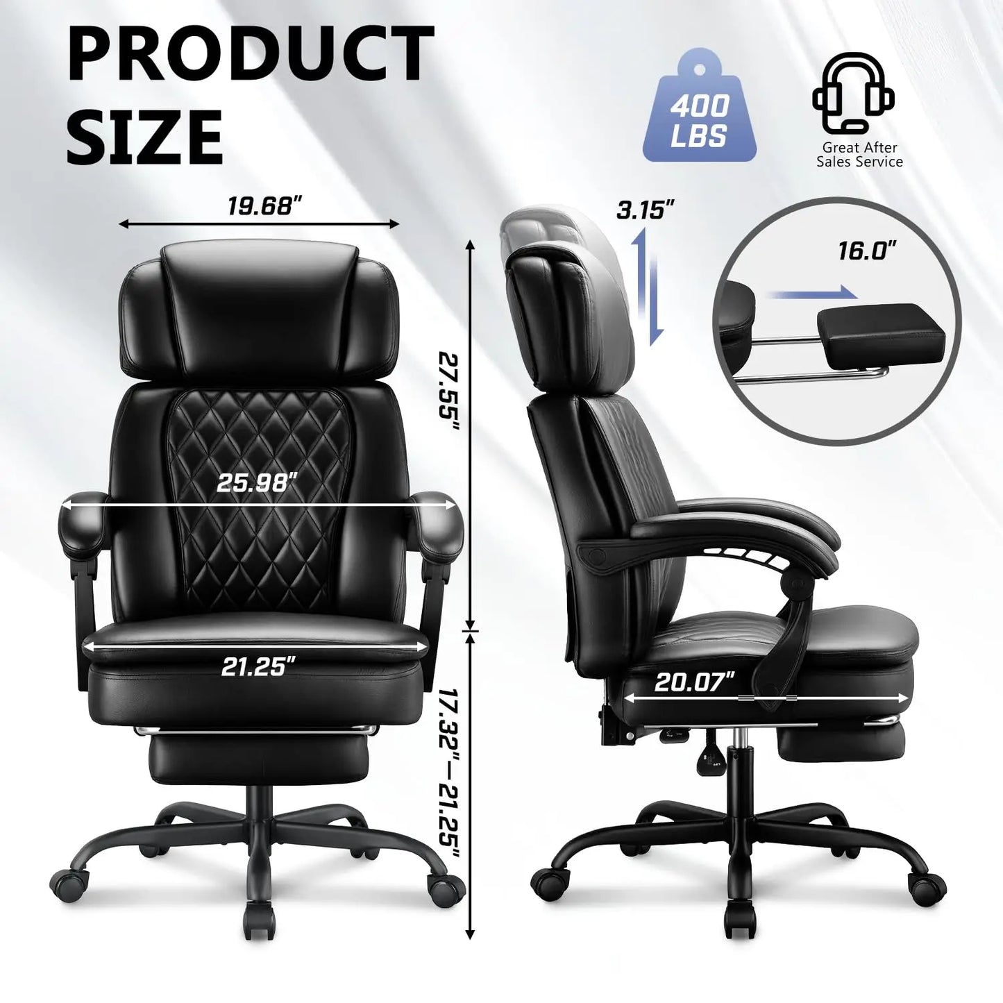 400lbs Executive Office Chair with Foot Rest for Heavy People, Ergonomic Big and Tall Desk Chair with Adjustable, Customized