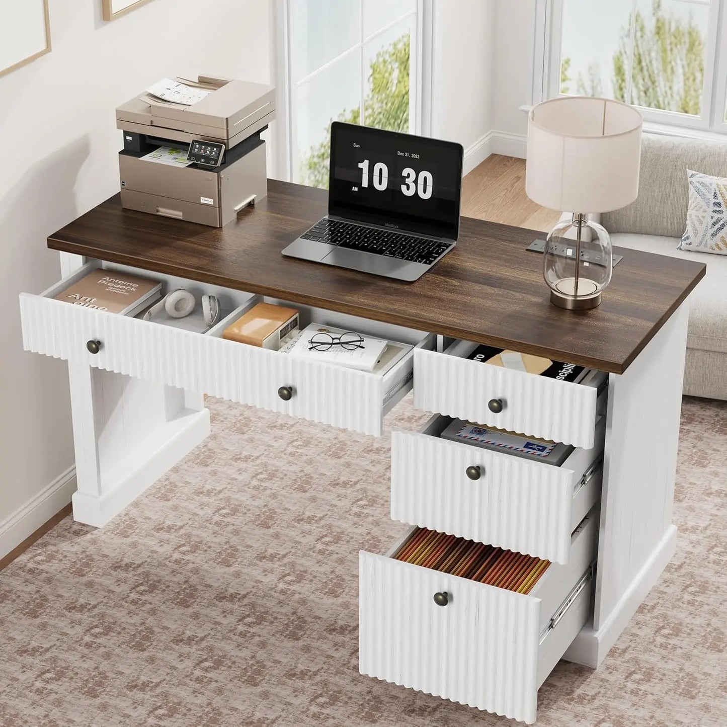 54" Modern Executive Desk with Charging Station Fluted Wood Computer Desk with File Cabinet & Drawers Home Office Furniture