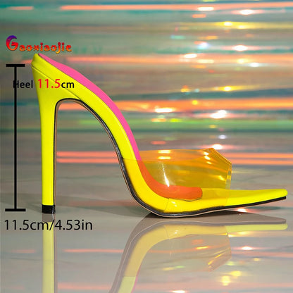 Color-Blocked High Heels Women's Shoes Slippers Pointed Head Thin Heels PVC Transparent Ladies Pumps Slip On Slides Party Shoes