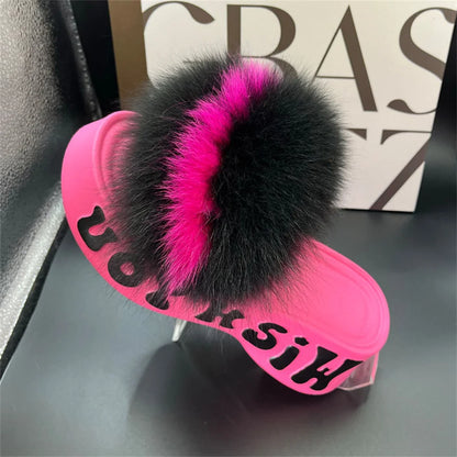 Real Fox Fur Slippers for Woman Luxury 2025 Slippers Summer Woman Sandals Thick Sole Pink Fur Slippers Fluffy Slides for Woman