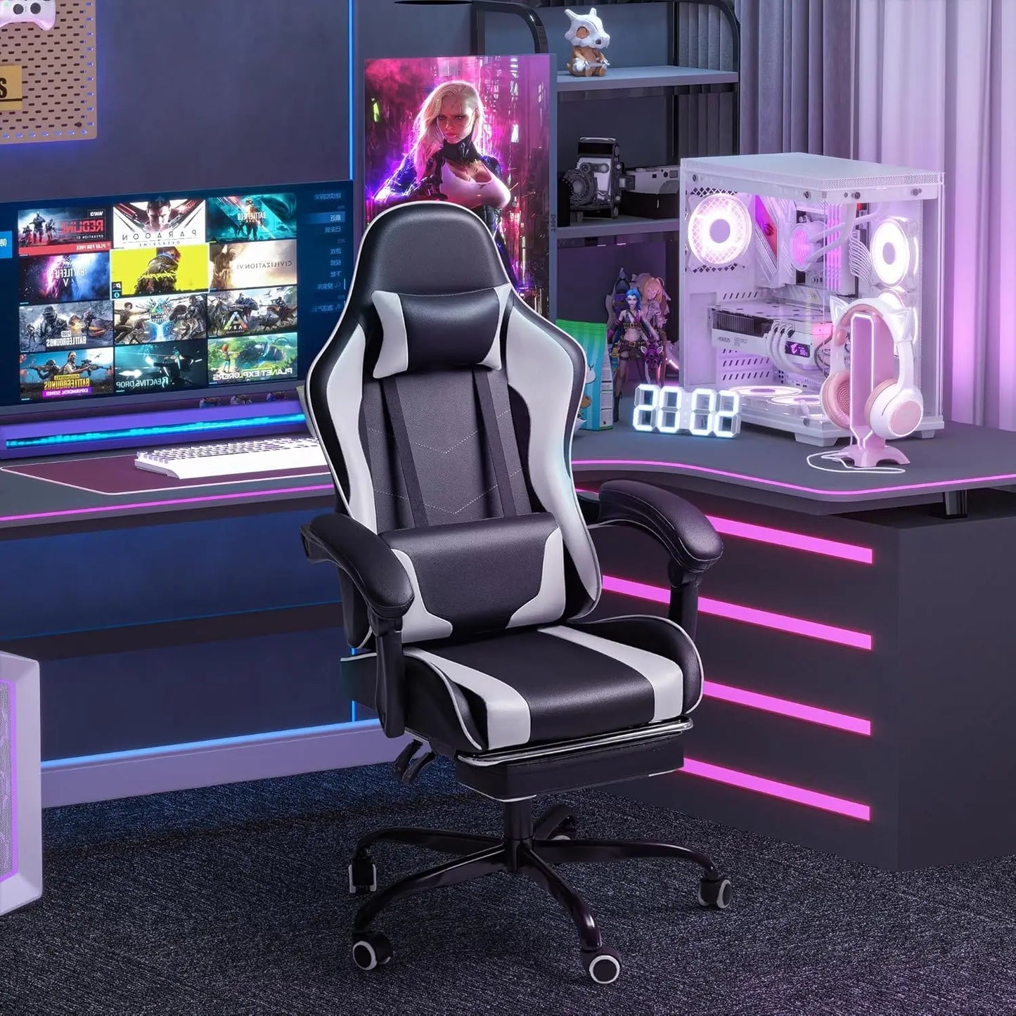Gaming Chair, Video Game Chair with Footrest and Massage Lumbar Support, Ergonomic Computer Chair Height Adjustable, Customized