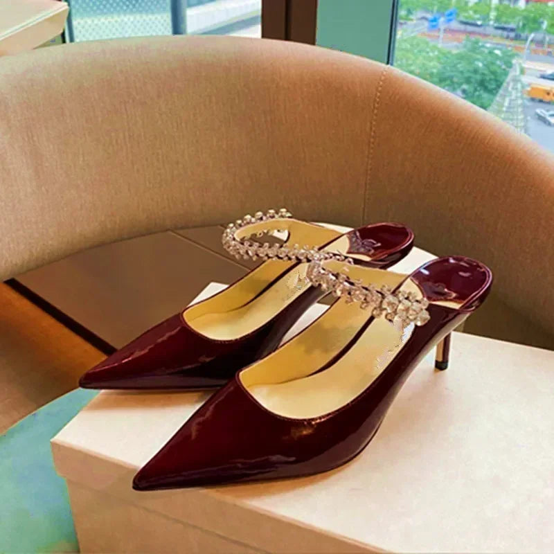 2025 New Fashionable Fine Heeled Muller Shoes with Pointed Water Diamond Chain Banquet Shallow Mouth Women's High Heel Sandals