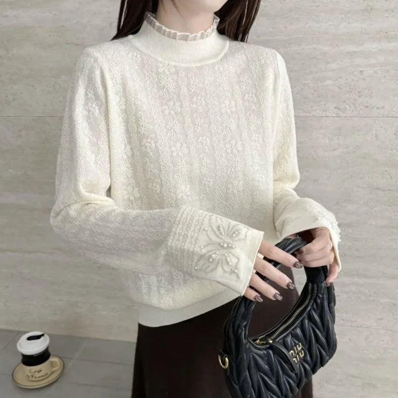 Women Clothes Autumn Winter Fashion Simplicity Lace Patchwork Knitting Half High Collar Female Solid Color Temperament Bottoming