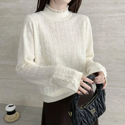 Women Clothes Autumn Winter Fashion Simplicity Lace Patchwork Knitting Half High Collar Female Solid Color Temperament Bottoming
