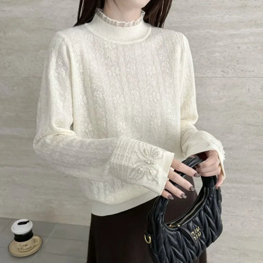 Women Clothes Autumn Winter Fashion Simplicity Lace Patchwork Knitting Half High Collar Female Solid Color Temperament Bottoming